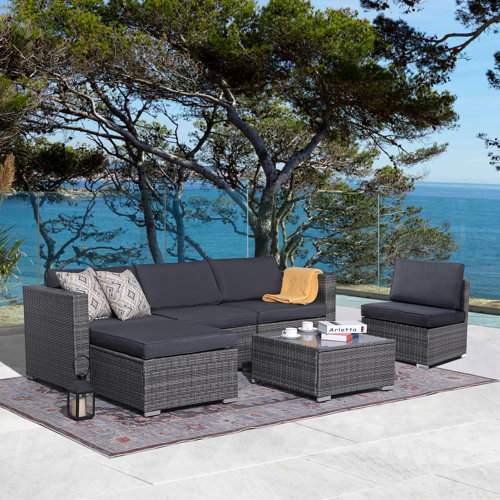Latitude Run® Eudy 6 Piece Rattan Sectional Seating Group with Cushions